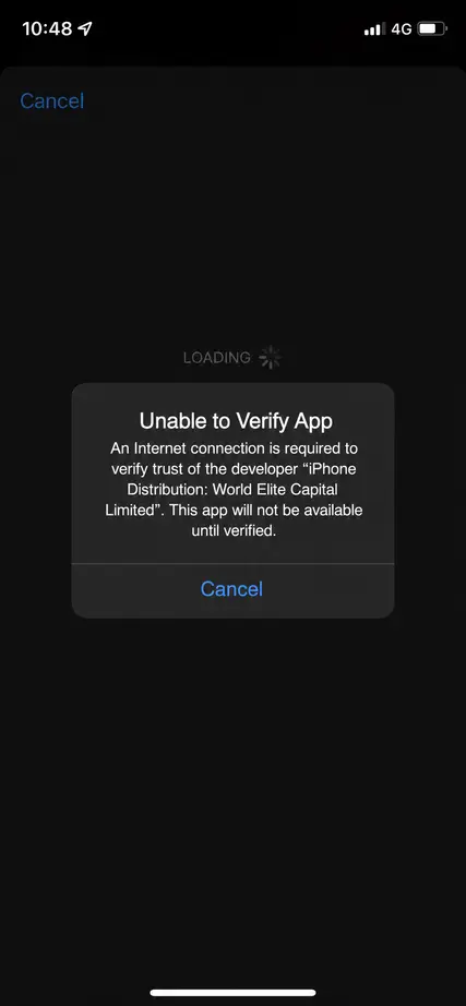 Screenshot showing the Unable to Verify App error on an iPhone screen due to a revoked enterprise certificate