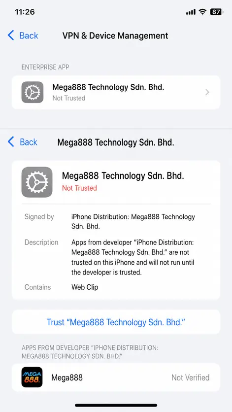 Screenshot showing the iPhone VPN & Device Management screen to trust the Mega888 enterprise certificate