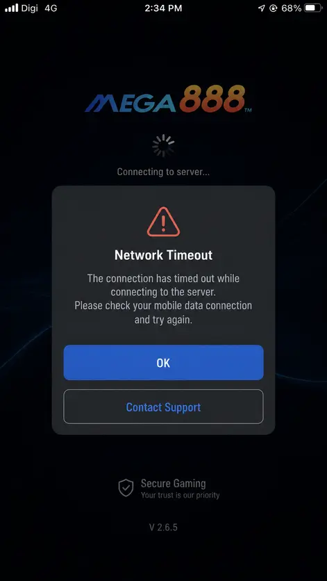 Screenshot showing the app frozen on the loading screen due to a network timeout on Malaysian telco data